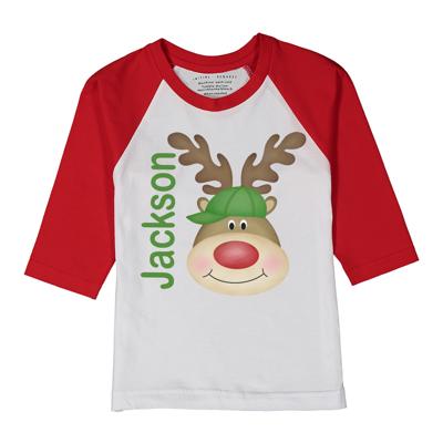 Christmas Graphic Tee | Rudolph Graphic | Red Raglan Holiday Tee | Personalized Christmas Tee for Kids 