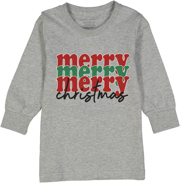 Christmas Graphic Tee | Retro Merry Merry Merry Christmas | Gray Long Sleeve Tee Boys or Girls | Holiday Graphic Tee for Kids