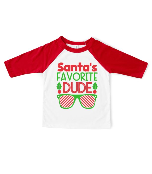 Christmas Graphic Tee for Boys | Santa's Favorite Dude | Holiday Red Raglan Tee | Boys Christmas Tshirt
