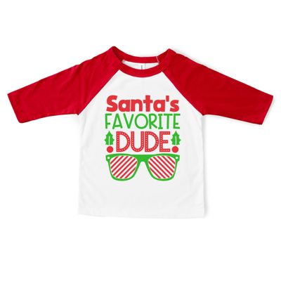 Christmas Graphic Tee for Boys | Santa's Favorite Dude | Holiday Red Raglan Tee | Boys Christmas Tshirt