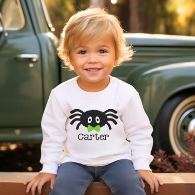 Personalized Halloween Graphic Tee for Toddler Boys | Spider with Green Bow Tie | Long SLeeve Graphic Tee for TOddlers 