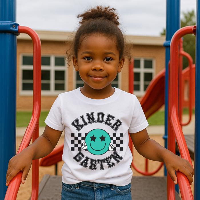 BACK TO SCHOOL KINDERGARTEN Smiley Face Short Sleeve Tee for Girls Trendy Graphic Tee