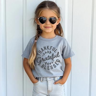 Fall Graphic Tee For Kids | Thankful Grateful Blessed Gray Short Sleeve Tee | Thanksgiving Tee for Boys or Girls