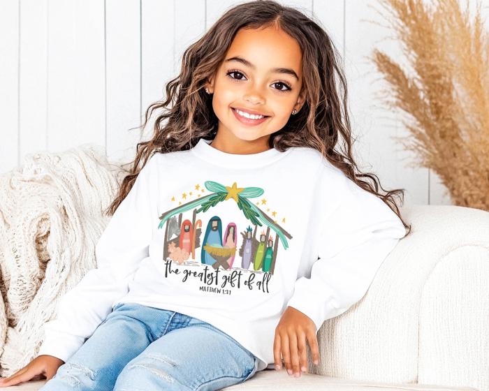 Girls Christmas Graphic Tee | The Greatest Gift of All  Nativity Scene| Christian Long Sleeve Tee for Kids