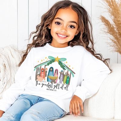 Girls Christmas Graphic Tee | The Greatest Gift of All  Nativity Scene| Christian Long Sleeve Tee for Kids