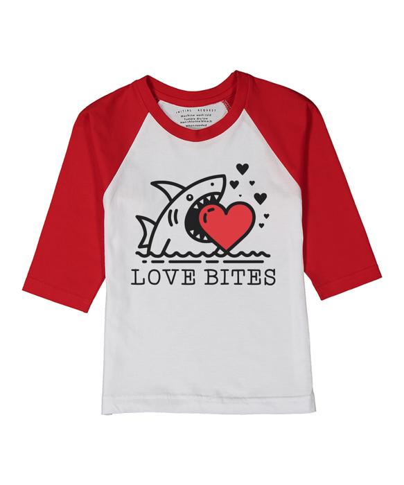Love Bites | Red Raglan Tee for Kids | Valentine's Day Graphic Tee | Valentine Graphic for Boys | Love Bites Shark