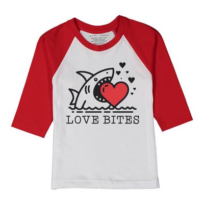 Love Bites | Red Raglan Tee for Kids | Valentine's Day Graphic Tee | Valentine Graphic for Boys | Love Bites Shark