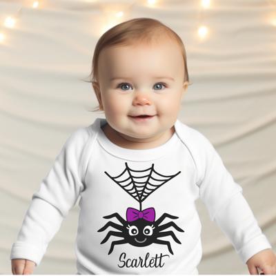 Personalized Halloween Graphic Bodysuit for Baby | Spider with Purple Bow | Halloween Long Sleeve Bodysuit for Baby Girls