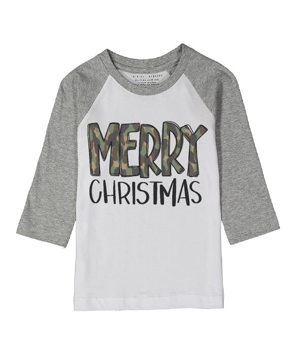 Christmas Graphic Tshirt for Toddlers | Camo Merry Christmas Gray Raglan Tee | Toddler Graphic Tee  