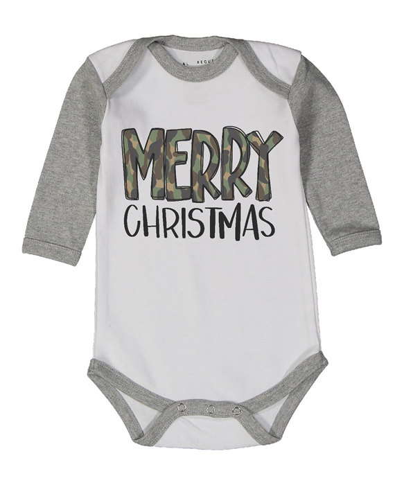 Christmas Graphic Bodysuit for Baby | Camo Merry Christmas Gray Raglan Bodysuit | Christmas Baby 