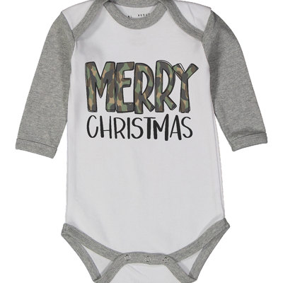 Christmas Graphic Bodysuit for Baby | Camo Merry Christmas Gray Raglan Bodysuit | Christmas Baby 