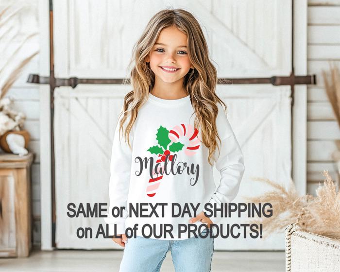 Personalized Candy Cane Christmas Graphic Tee | Holiday Graphic Tee for Girls | Festive Kids Apparel | Girls Personalized Long Sleeve Tee