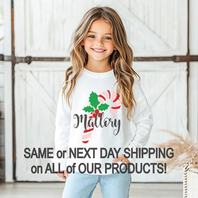 Personalized Candy Cane Christmas Graphic Tee | Holiday Graphic Tee for Girls | Festive Kids Apparel | Girls Personalized Long Sleeve Tee