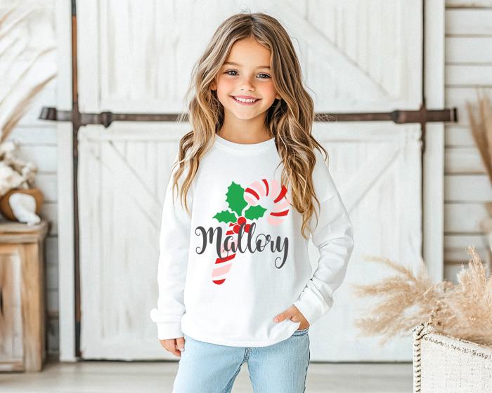 Personalized Candy Cane Christmas Graphic Tee | Holiday Graphic Tee for Girls | Festive Kids Apparel | Girls Personalized Long Sleeve Tee