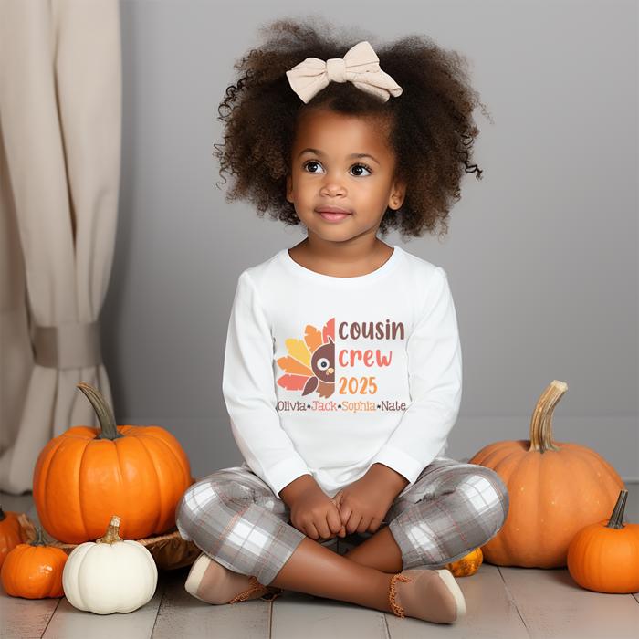 Thanksgiving Graphic Tee for Kids | Personalized Thanksgiving Turkey Cousin Crew 2025 Long Sleeve Tee| Cousin Crew Tee