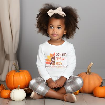 Thanksgiving Graphic Tee for Kids | Personalized Thanksgiving Turkey Cousin Crew 2025 Long Sleeve Tee| Cousin Crew Tee