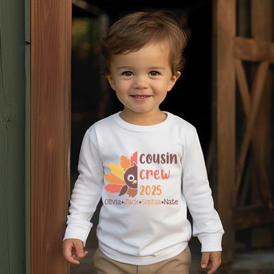Thanksgiving Graphic Tee for Toddllers | Personalized Thanksgiving Turkey Cousin Crew 2025 | Long Sleeve Thanksgiving Graphic Tee for Cousins
