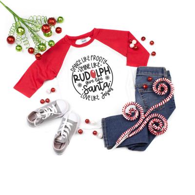 Christmas Graphic Tee for Kids | Dance Like Frosty Love Like Jesus | Red Raglan Tee for Boys and Girls 