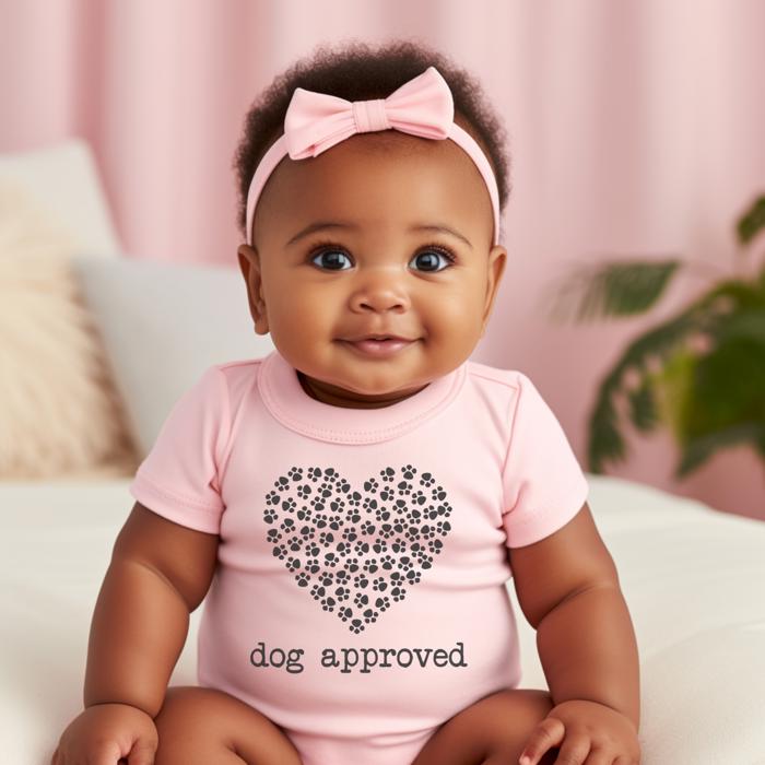 Dog Approved Paw Print Heart Pink Short Sleeve Onesie | Multiple Sizes for Babies