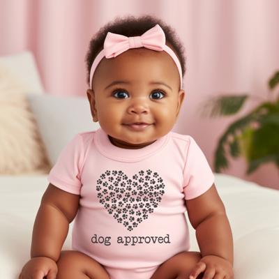 Dog Approved Paw Print Heart Pink Short Sleeve Onesie | Multiple Sizes for Babies