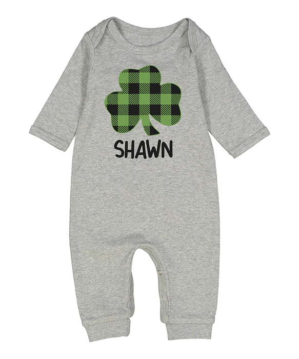 Personalized Plaid Shamrock | St  Patricks Day Graphic for Baby | Lucky Baby | Gray Romper for Baby