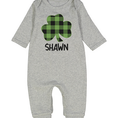 Personalized Plaid Shamrock | St  Patricks Day Graphic for Baby | Lucky Baby | Gray Romper for Baby