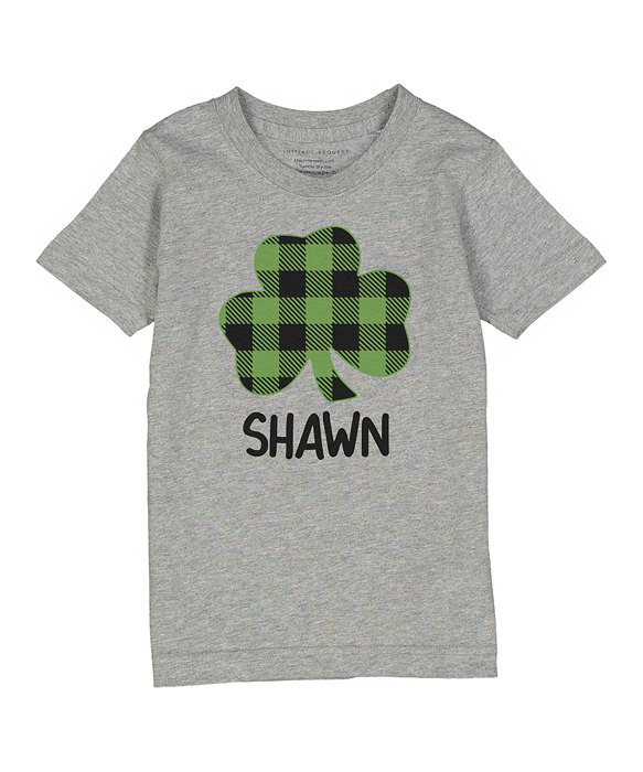 Personalized Plaid Shamrock Gray Short Sleeve Tee | Kids St Patricks Day Name Shirt | St Patricks Day Graphic