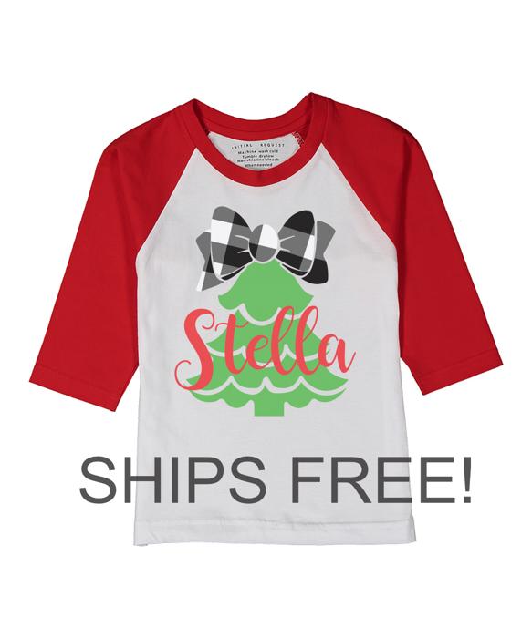 Personalized Christmas Graphic Tee for Toddler Girls | Christmas Tree with Bow | Fun Festive Holiday Tee for Toddlers | Red Raglan Tee