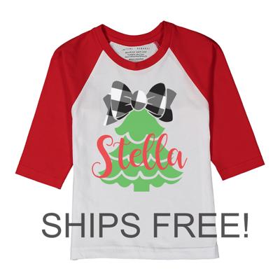 Personalized Christmas Graphic Tee for Toddler Girls | Christmas Tree with Bow | Fun Festive Holiday Tee for Toddlers | Red Raglan Tee