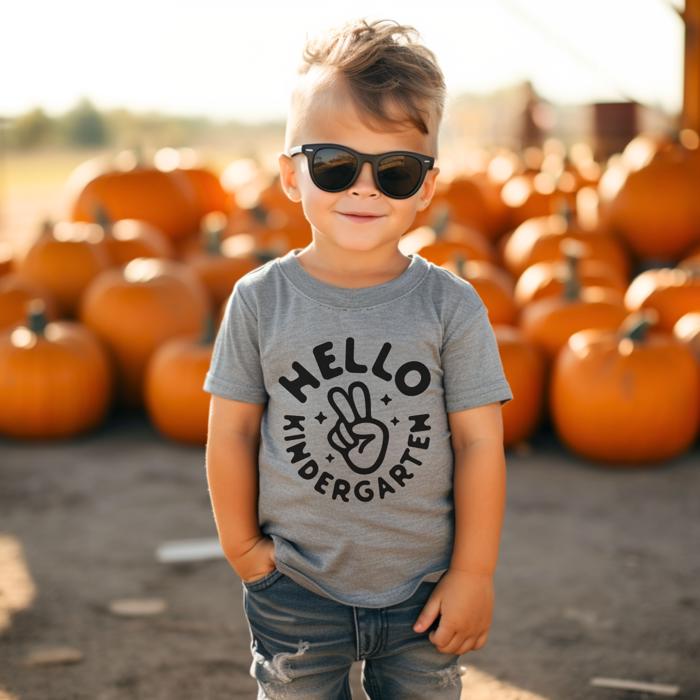 BACK TO SCHOOL Hello Kindergarten Peace Sign Gray  or White Short Sleeve Tee for Boys or Girls
