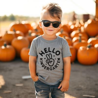 BACK TO SCHOOL Hello Kindergarten Peace Sign Gray  or White Short Sleeve Tee for Boys or Girls