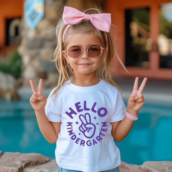 BACK TO SCHOOL Hello Kindergarten Peace Sign Gray  or White Short Sleeve Tee for Boys or Girls
