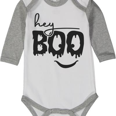 Halloween Graphic Long Sleeve Bodysuit for Baby | Hey Boo | Cotton Gray Raglan Bodysuit for Baby