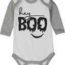  Halloween Graphic Long Sleeve Bodysuit for Baby | Hey Boo | Cotton Gray Raglan Bodysuit for Baby