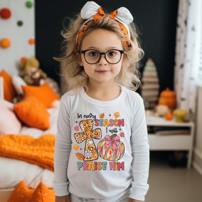 Thanksgiving Graphic Tshirt | In Every Season I will Praise Him | Long Sleeve Tee for Girls | Christian Faith Based Graphic Tee