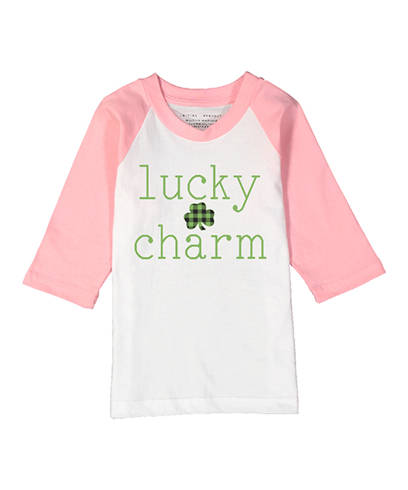 Lucky Charm | St. Patrick's Day Graphic Tee | Pink Raglan Tee for Girls
