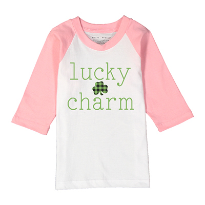Lucky Charm | St. Patrick's Day Graphic Tee | Pink Raglan Tee for Girls