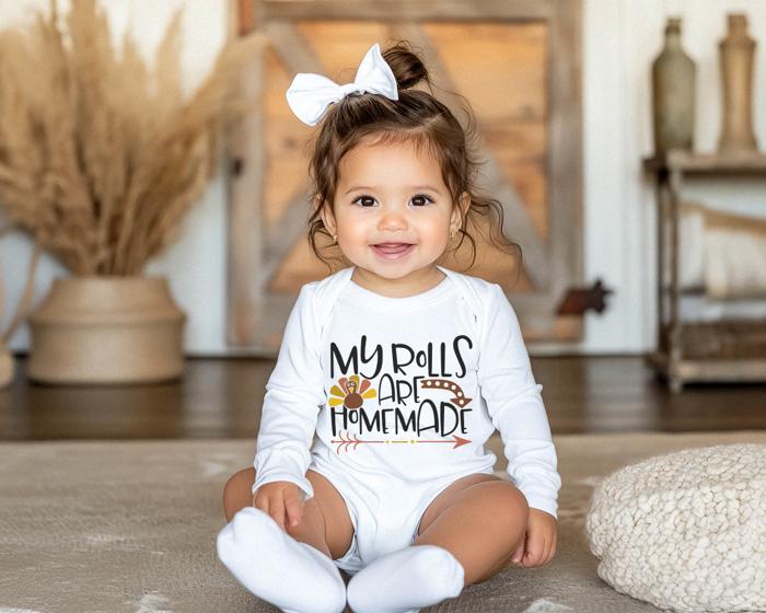 Thanksgiving Baby Bodysuit | My Rolls are Homemade | Long sleeve Graphic Bodysuit for Baby