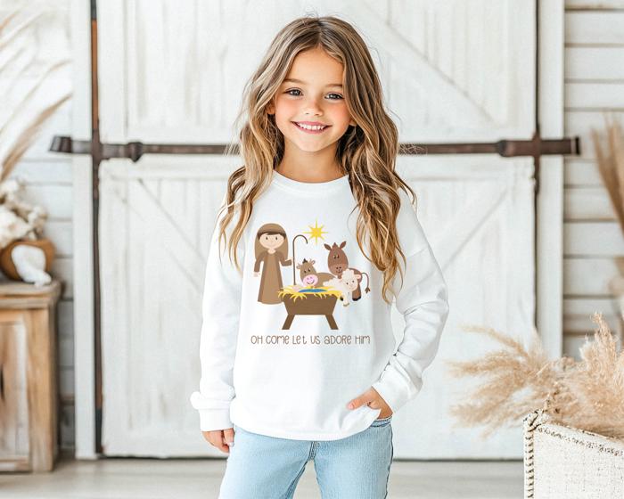 Christmas Graphic tee for Boys & Girls | Oh Come Let Us Adore Him | Holiday Graphic Tee for Kids | Christian Graphic Christmas Tee