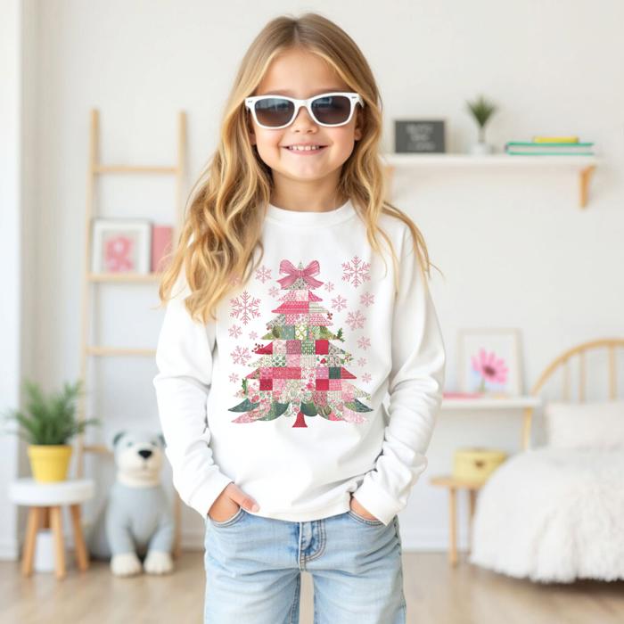 Christmas Patchwork Tree Long Sleeve Tee | Christmas Graphic Tshirt | Girls Cotton Tee | Holiday Graphic Kids Tee
