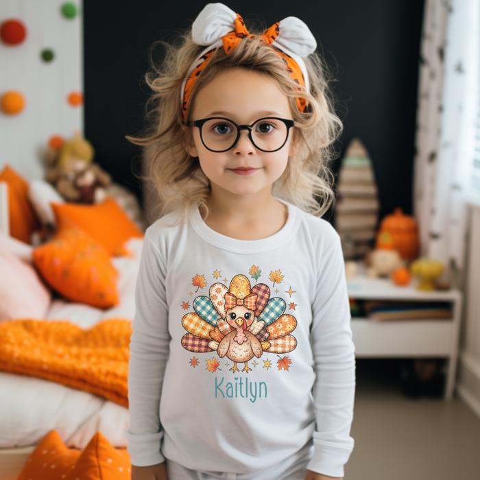 Personalized Thanksgiving  Graphic Tee for GIrls | Patchwork Turkey and Leaves |  Kids Long Sleeve Thanksgiving Graphic Tee  