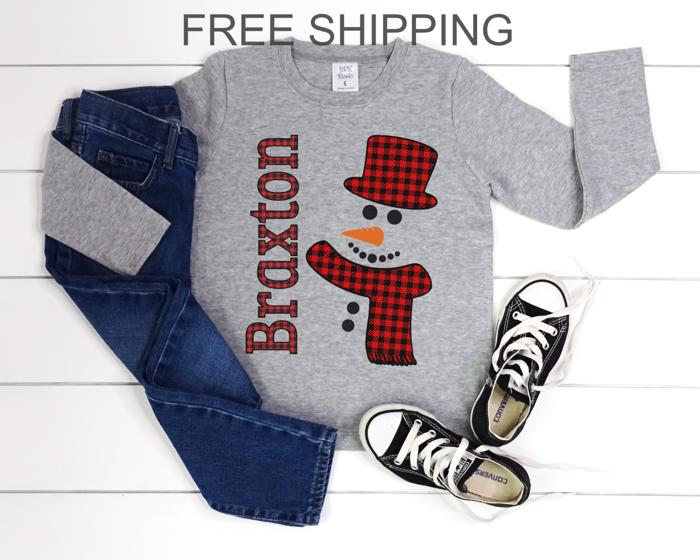 Personalized Plaid Frosty the Snowman | Christmas Graphic Tee for Toddlers | Gray Long Sleeve Tshirt | Personalized Holiday Tee  