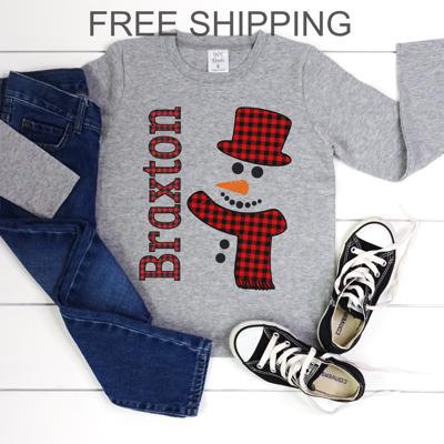Personalized Plaid Frosty the Snowman | Christmas Graphic Tee for Toddlers | Gray Long Sleeve Tshirt | Personalized Holiday Tee  