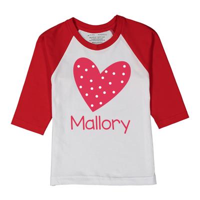 Personalized Red Polka Dot Heart Red Raglan Tee | Valentine Graphic Tee for Girls | Red Hearts Tee | Personalized Valentine's Day Tee