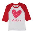  Personalized Red Polka Dot Heart Red Raglan Tee | Valentine Graphic Tee for Girls | Red Hearts Tee | Personalized Valentine's Day Tee