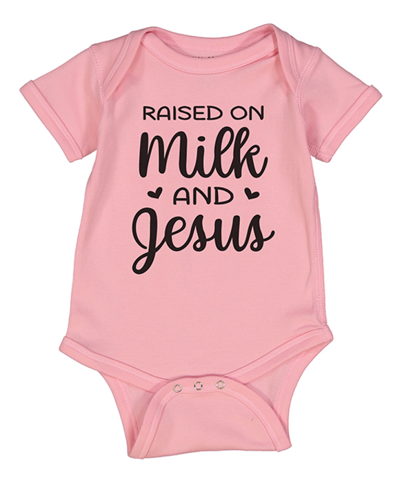 Raised on Milk & Jesus | Pink Short Sleeve Bodysuit for Baby Girls | Christian Baby | Faith and family