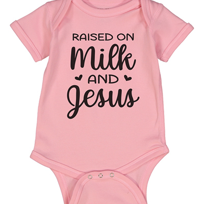 Raised on Milk & Jesus | Pink Short Sleeve Bodysuit for Baby Girls | Christian Baby | Faith and family