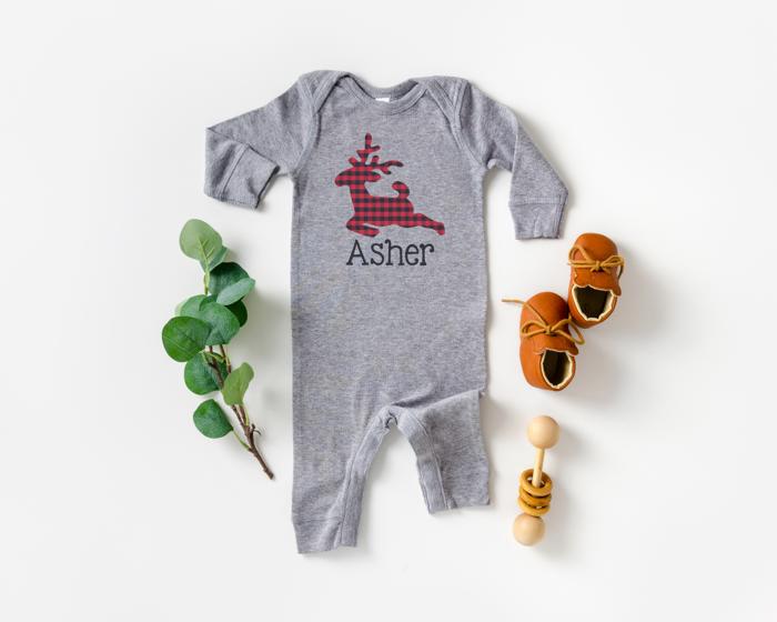 Christmas Graphic Romper for Baby | Personalized Red Black Reindeer  | Holiday Graphic Gray Romper for Baby