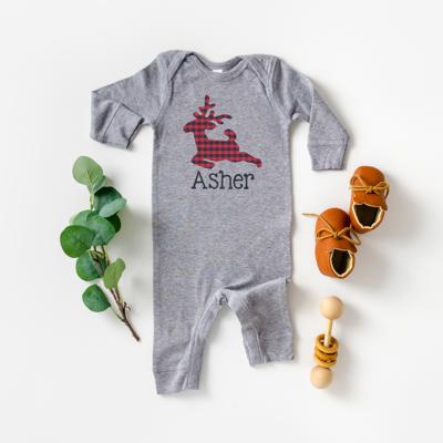 Christmas Graphic Romper for Baby | Personalized Red Black Reindeer  | Holiday Graphic Gray Romper for Baby