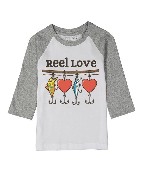 Reel Love Gray Raglan Tee | Valentine Tee for Boys | Valentine Graphic tee for Kids | Fishing Graphic